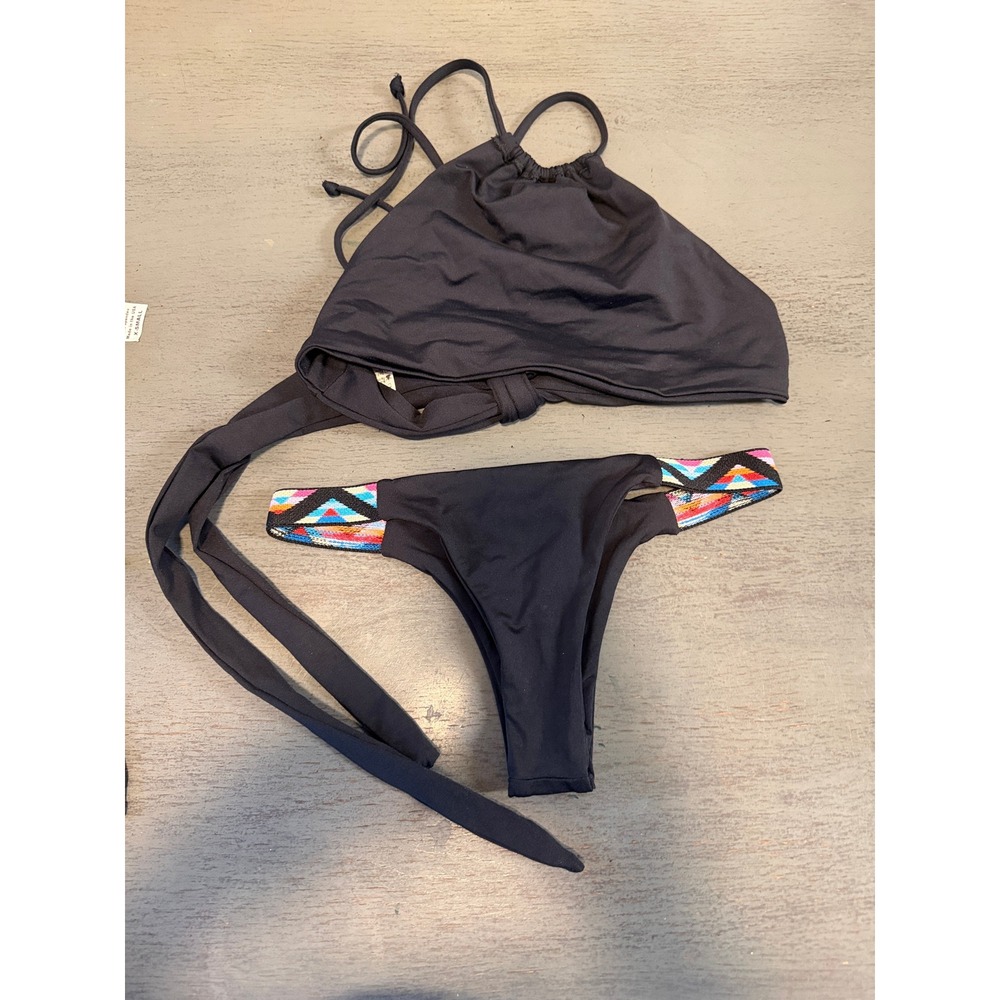 NWOT L*Space Black High Neck Halter Bikini Set Multi Geometric Itsy Bottoms XS